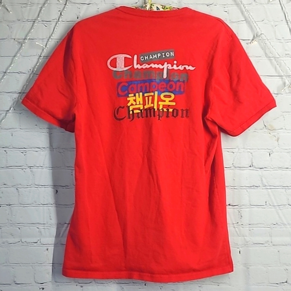 Vintage Y2K Champion Front & Back Logo Spellout Red Tee Tshirt Mens Size Medium